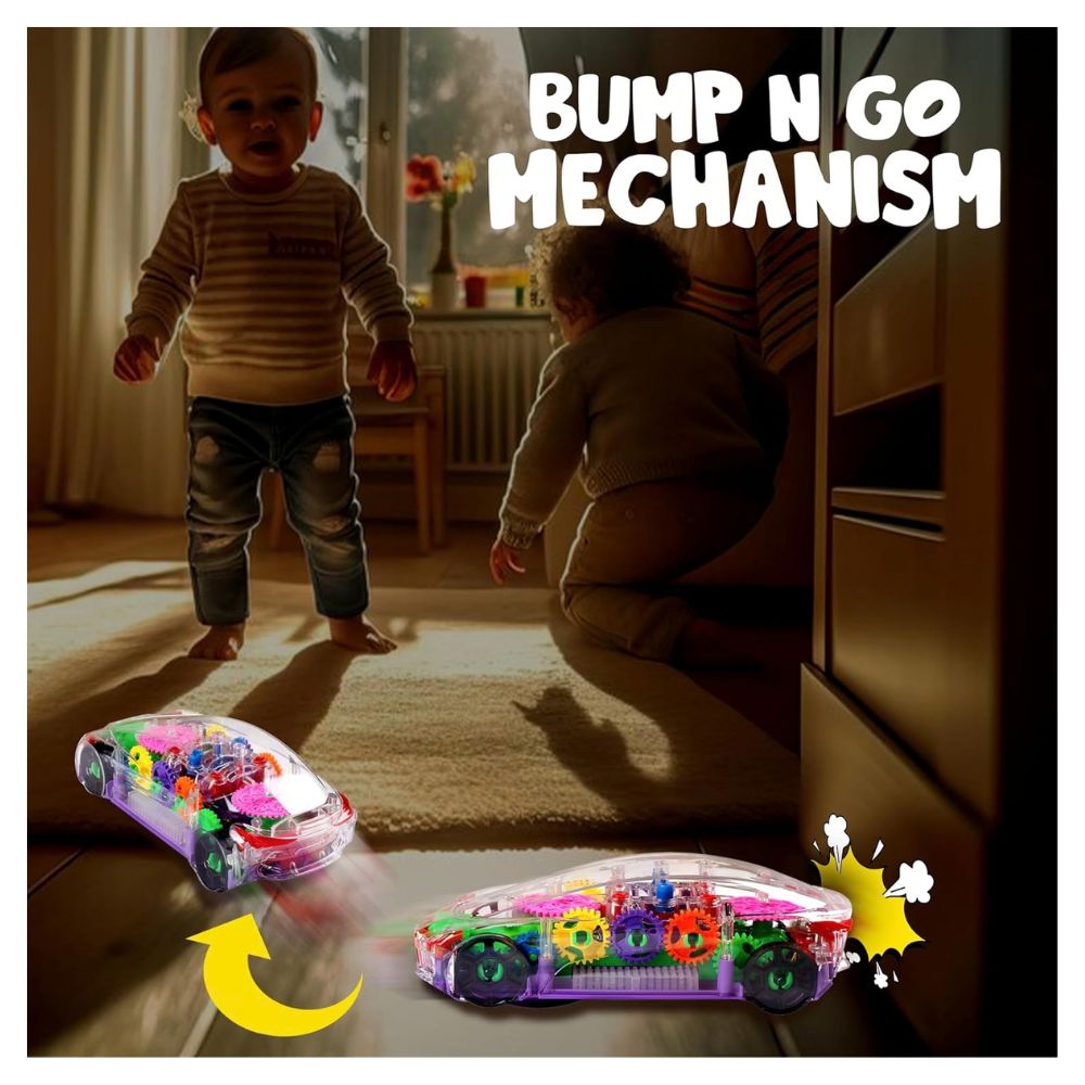 Transparent gear car toy demonstrating bump and go mechanism in action