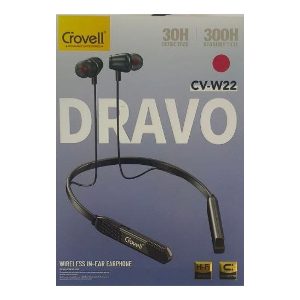 Crovell Dravo CV-W22 wireless earphone front packaging box showing 30 hours battery