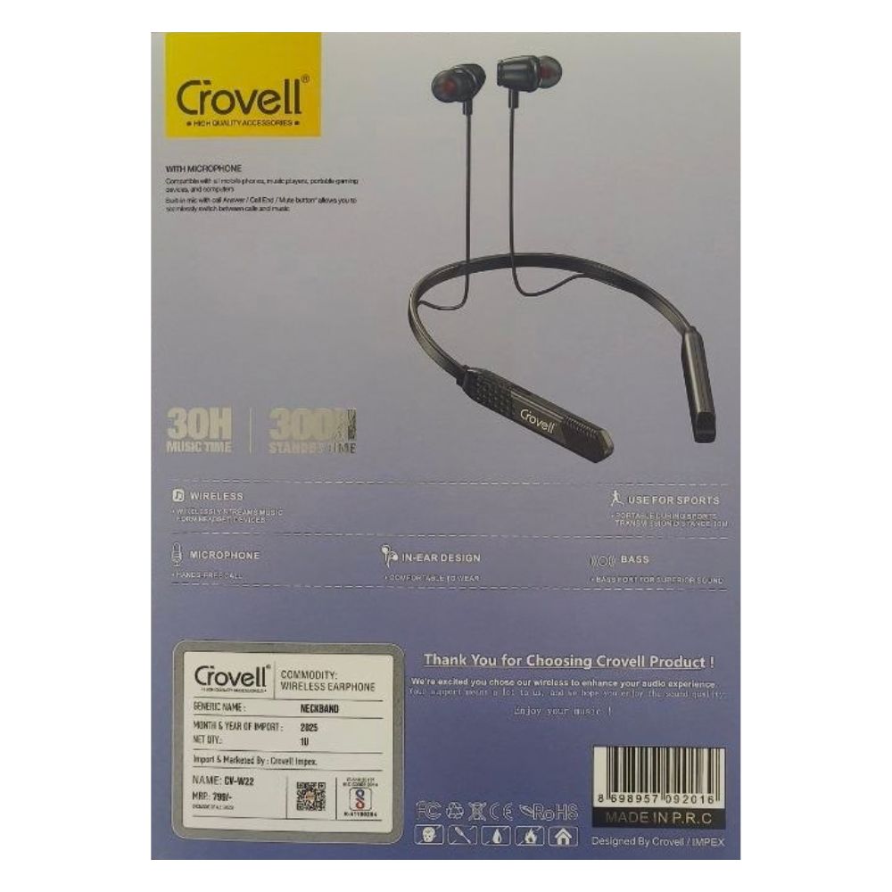 Specifications and features on the back box of Dravo CV-W22 earphone