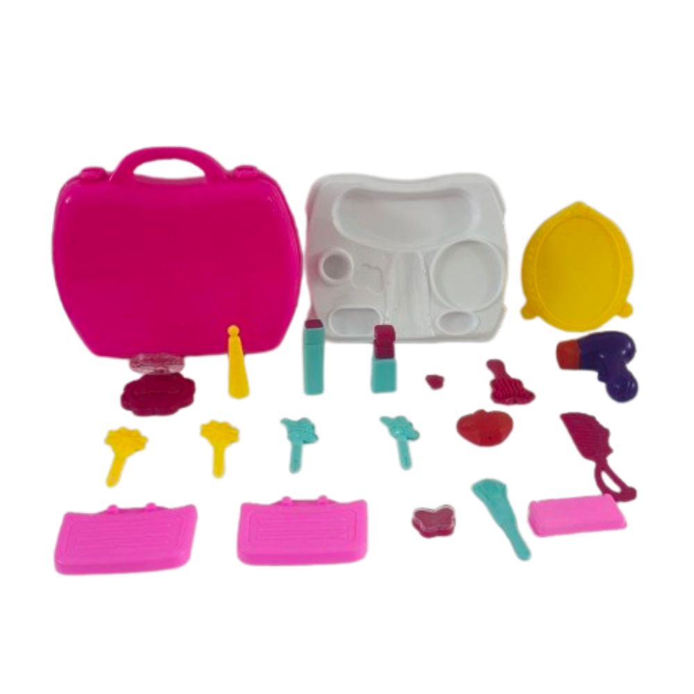 Kids makeup kit accessories and play items layout
