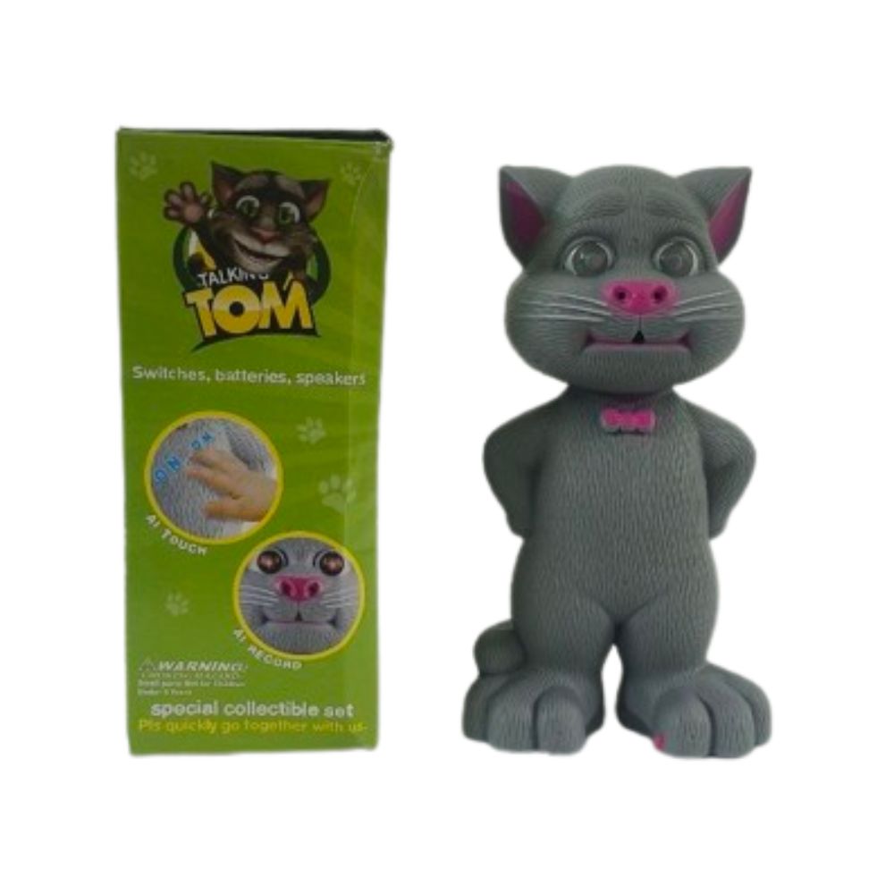 Talking tom toy with packaging box showing AI touch and AI record features