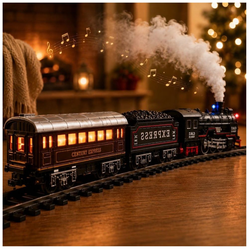 Toy train set moving on tracks with realistic smoke and lights