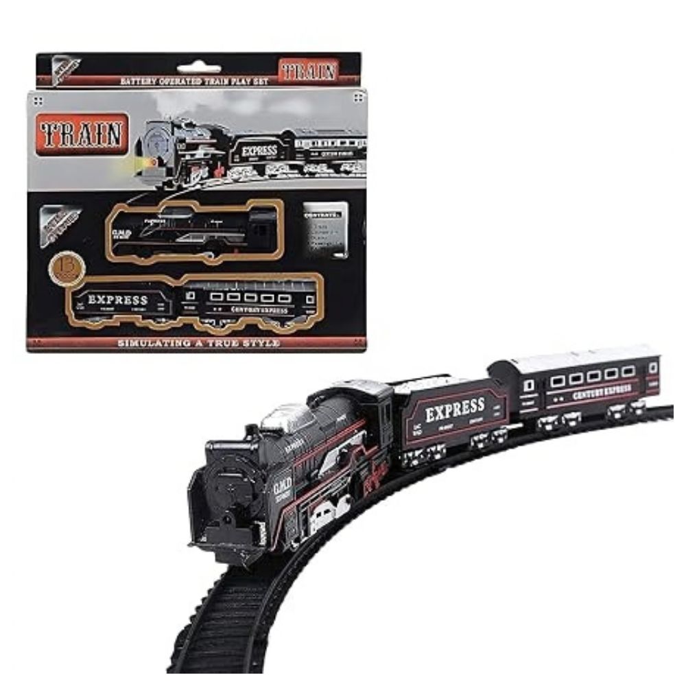 Little boy playing with the classic toy train set with tracks