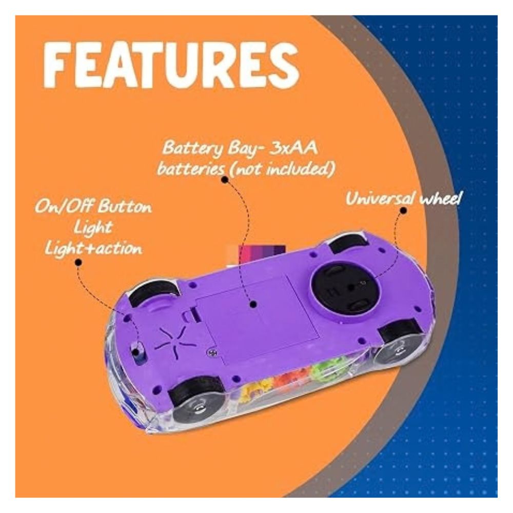 Bottom view of transparent gear car toy showing battery compartment and wheels