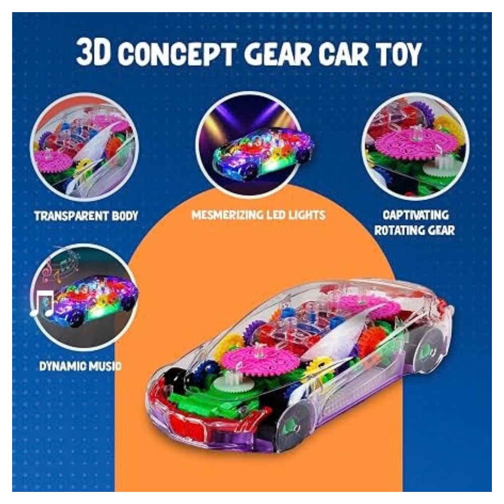 Transparent gear car toy features showing LED lights, rotating gears, and music