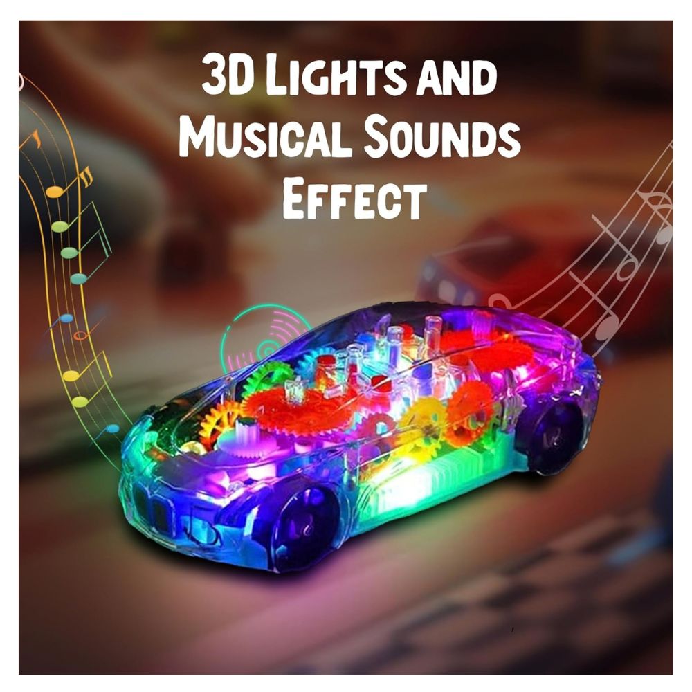 3D LED lights and musical sound effects of the transparent gear car toy