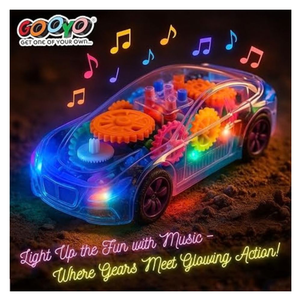 Transparent gear car toy glowing with colorful LED lights and playing music