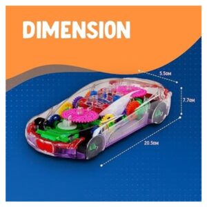 Product dimensions and size details of the transparent gear car toy