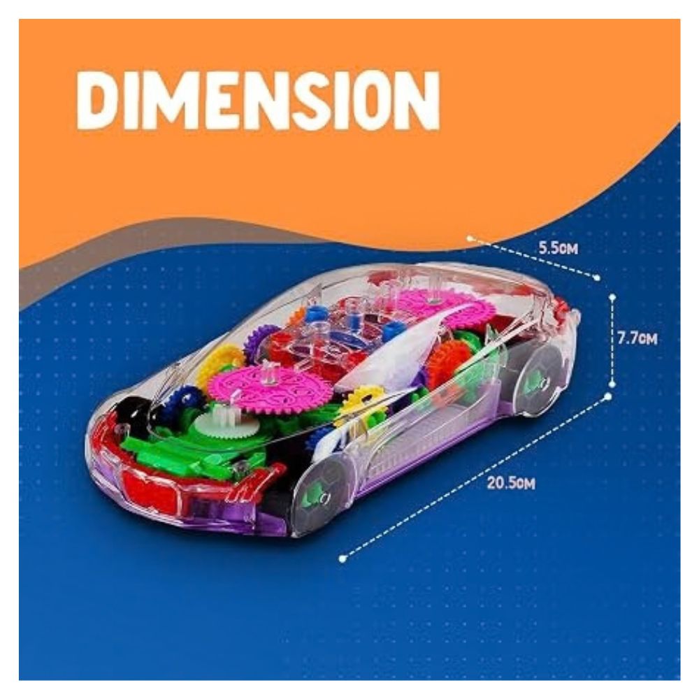 Product dimensions and size details of the transparent gear car toy