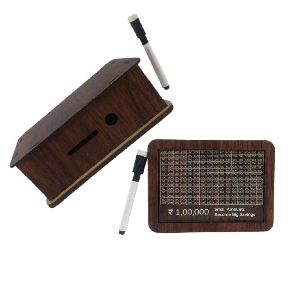 Wooden money saving box with 1 lakh rupees target tracker and marker pen