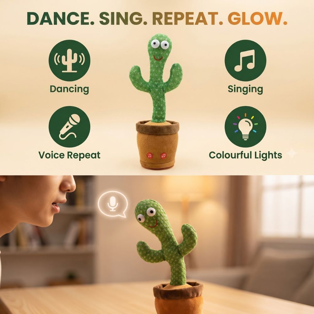 Dancing cactus toy showing dancing singing voice repeat and colorful lights features