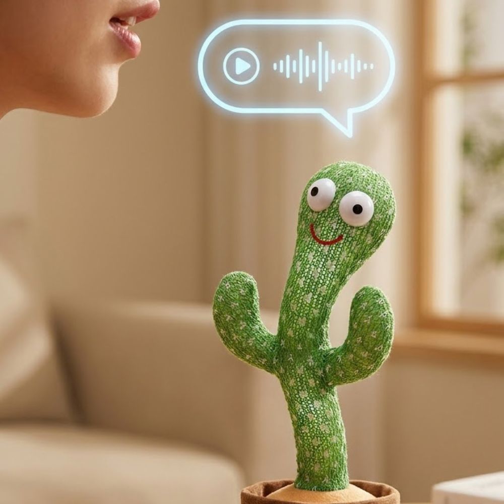 Kids talking and voice repeat feature of dancing cactus toy
