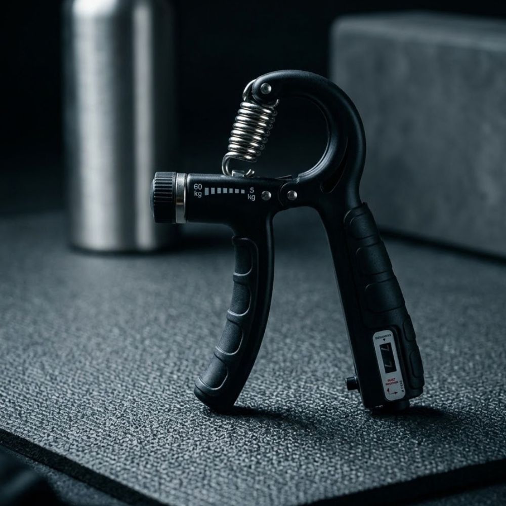 Professional hand grip strengthener fitness equipment setup on gym mat