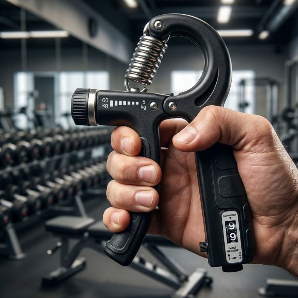 Man using adjustable hand grip strengthener in gym for wrist training