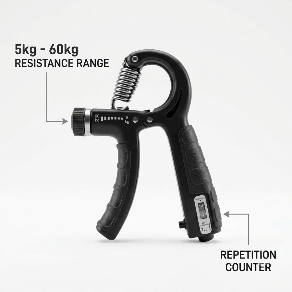 Hand grip strengthener features showing 5kg to 60kg resistance and counter